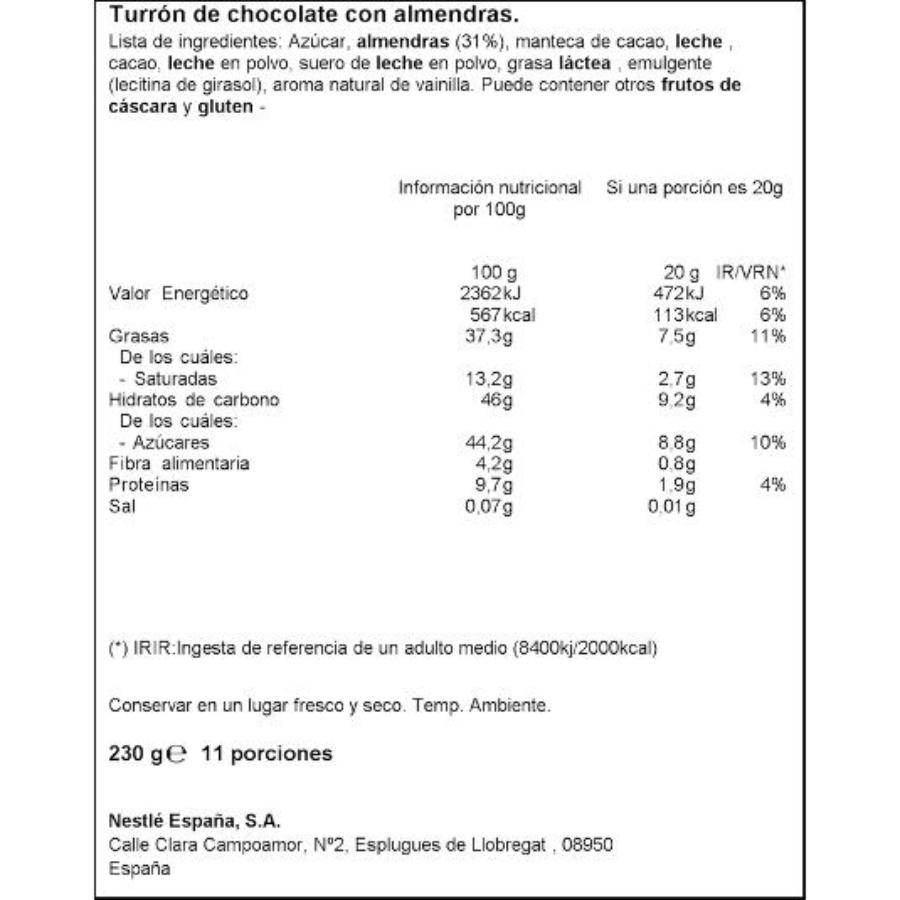 TURRON CHOCOLATE ALMENDRADO NESTLE PTLLA 230 GR