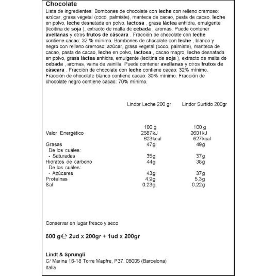 BOMBON CORNET LECHE PACK 2+1 LINDOR CAJA 600 GR