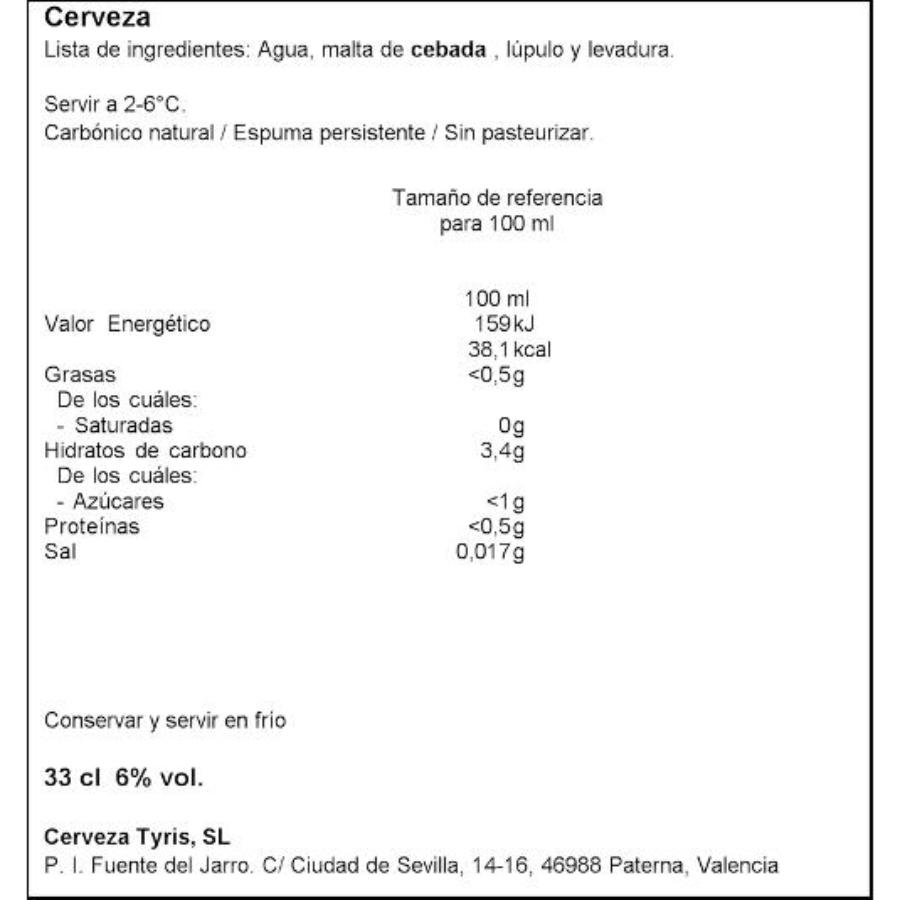 CERVEZA IPA 6,2º TYRIS BTLLA 33 CL